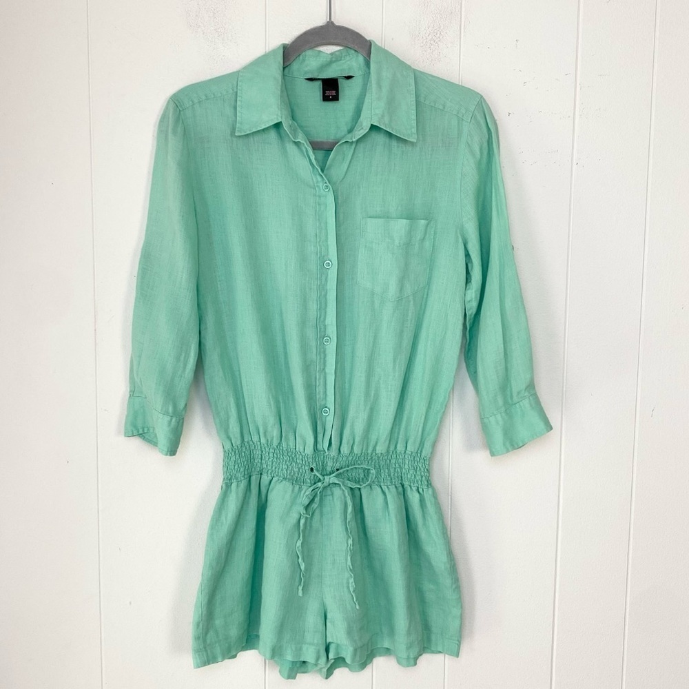 Victoria's‎ Secret Teal Green Rolled Cuff Smock Tie Waist Linen Romper Size 4